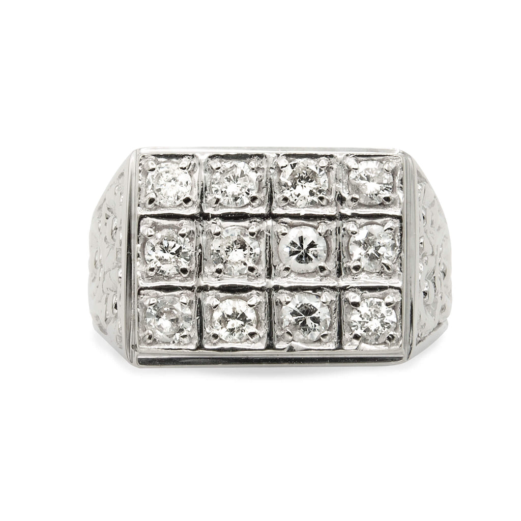 14 Karat White Gold Floral Motif Ring with 12 Diamonds Ring.