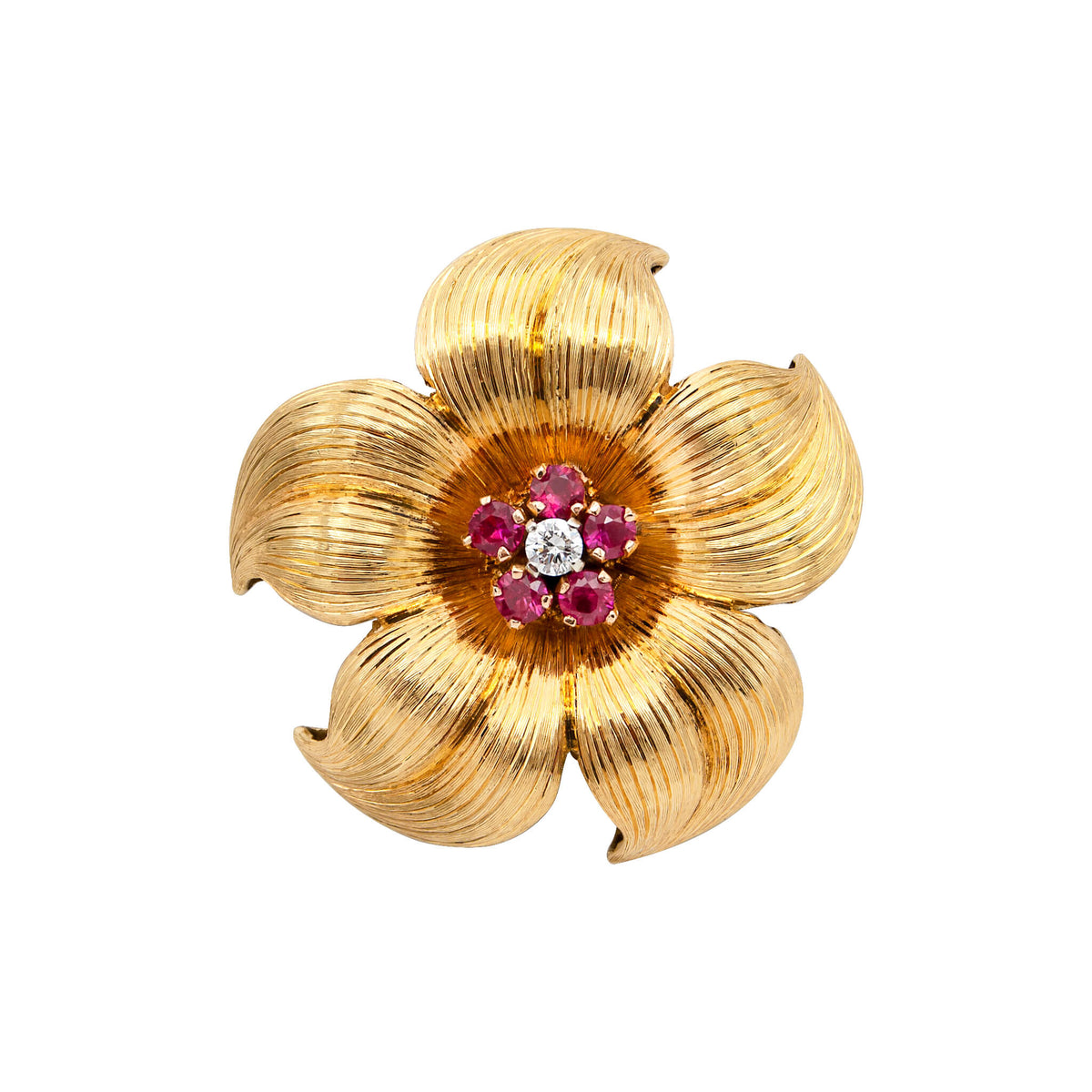 18 Karat Yellow Gold Tiffany Diamond and Ruby Flower Pin – Aurum