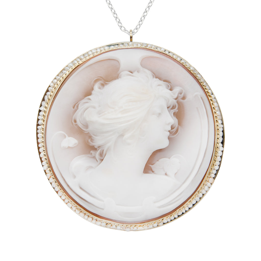 Antique 14 Karat Shell Cameo with Seed Pearls