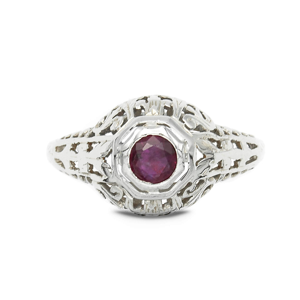 Antique 18 Karat White Gold Filigree Art Deco Ruby Engagement Ring