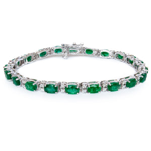 Classic 14 Karat White Gold Line Bracelet Prong Set with Alternating Natural Oval Faceted Emeralds and Fine Brilliant Cut Diamonds