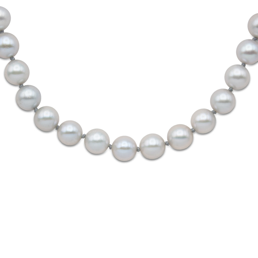 Strand of 7 to 7.5 millimeter spherical gray Akoya pearls measuring 21" with 14 karat white gold fishhook clasp (closeup).