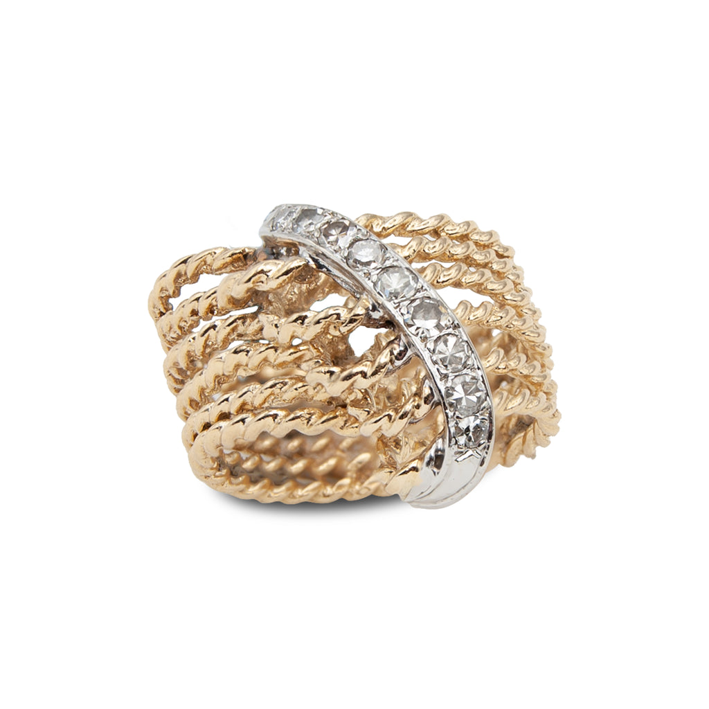 Vintage handmade 14k gold twisted rope ring with diamonds (angle).