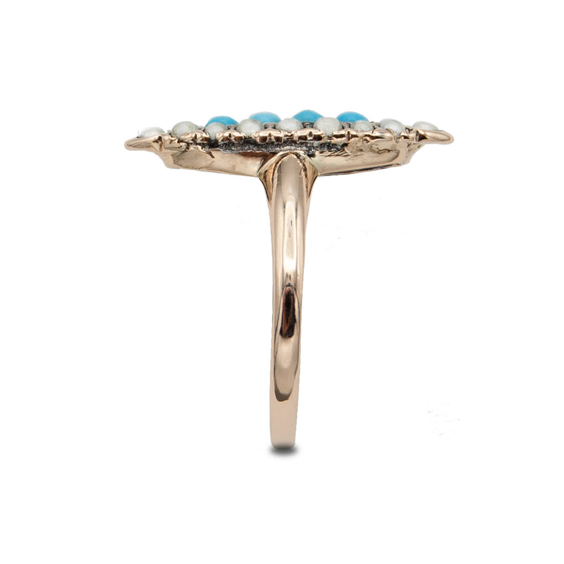 Victorian Yellow Gold Turquoise and Pearl Navette Ring