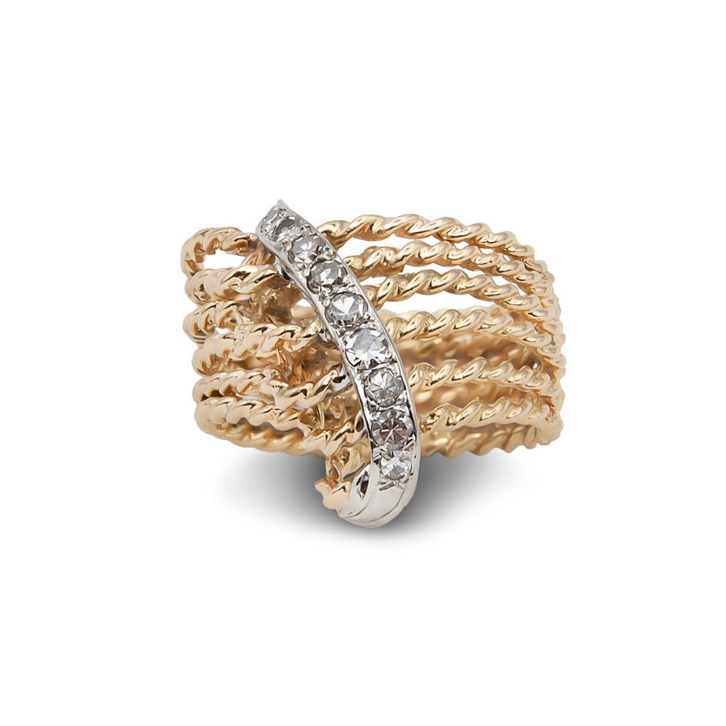 Vintage handmade 14k gold twisted rope ring with diamonds (front).