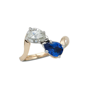 Custom Pear Shaped Diamond and Sapphire Toi et Moi Ring
