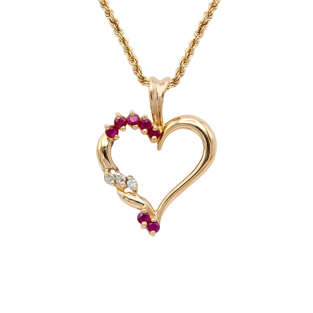 Vintage 14 Karat Gold Ruby and Diamond Heart Pendant