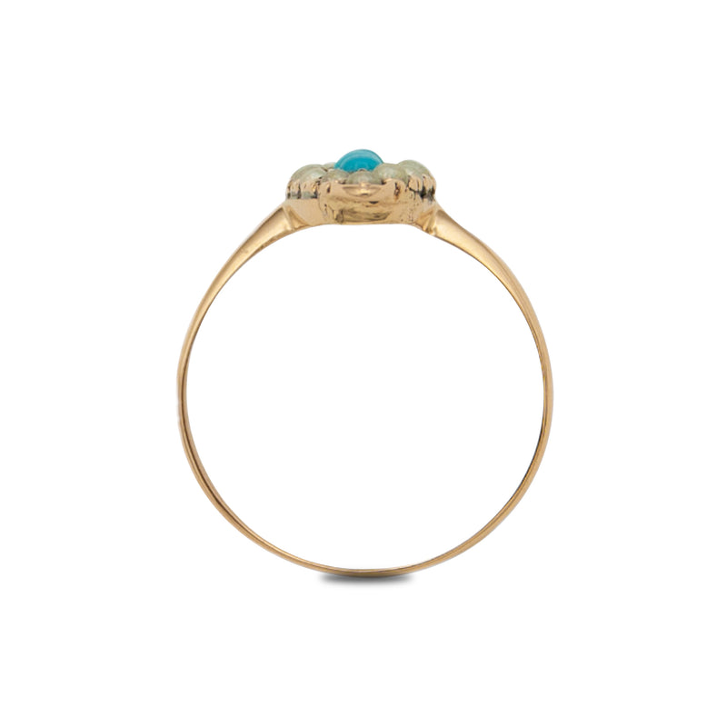 Victorian Yellow Gold Turquoise and Pearl Navette Ring