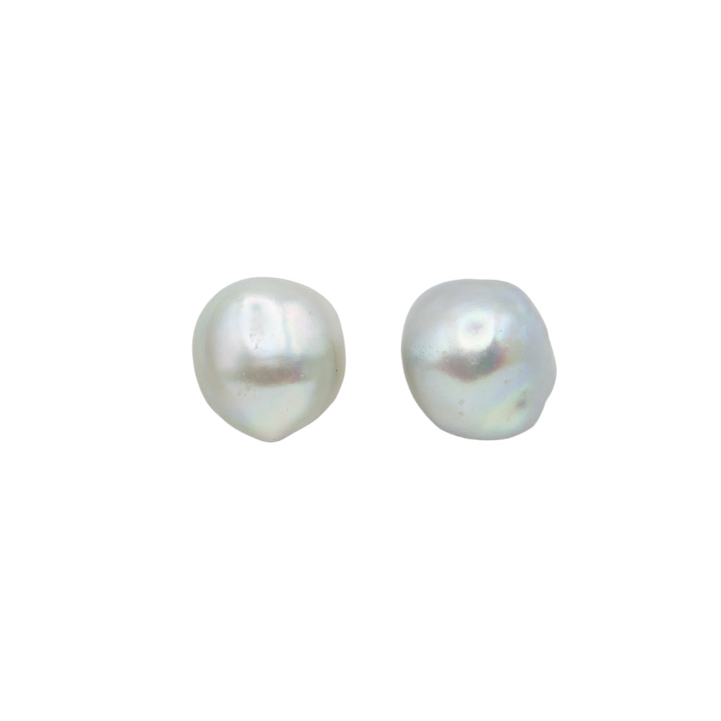 Gray baroque Akoya pearl earrings with heavy 14 karat yellow gold backing (Front view).