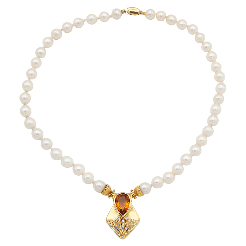 18 Karat Gold Citrine and Diamond Akoya Pearl Necklace