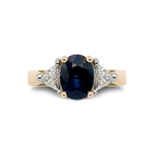 Custom Oval Sapphire and Trillion Diamond Three Stone Ring