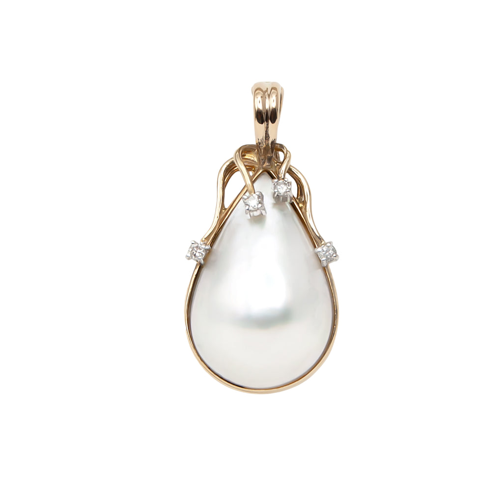 Vintage 14 Karat Gold Pear Shape Pearl and Diamond Pendant