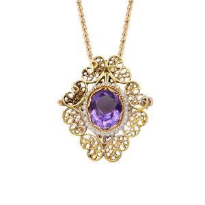 Vintage Etruscan Style Amethyst and Seed Pearl Pendant