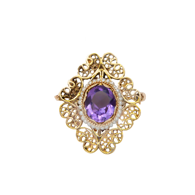 Vintage Etruscan Style Amethyst and Seed Pearl Pendant