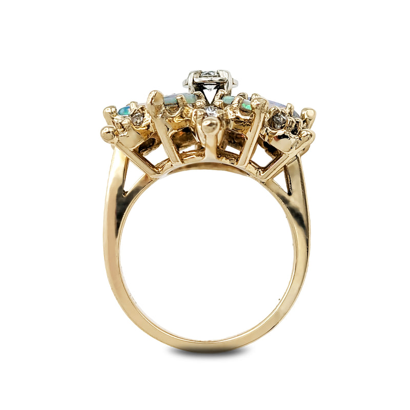 14 Karat Yellow Gold Marquise Opal and Diamond Ring