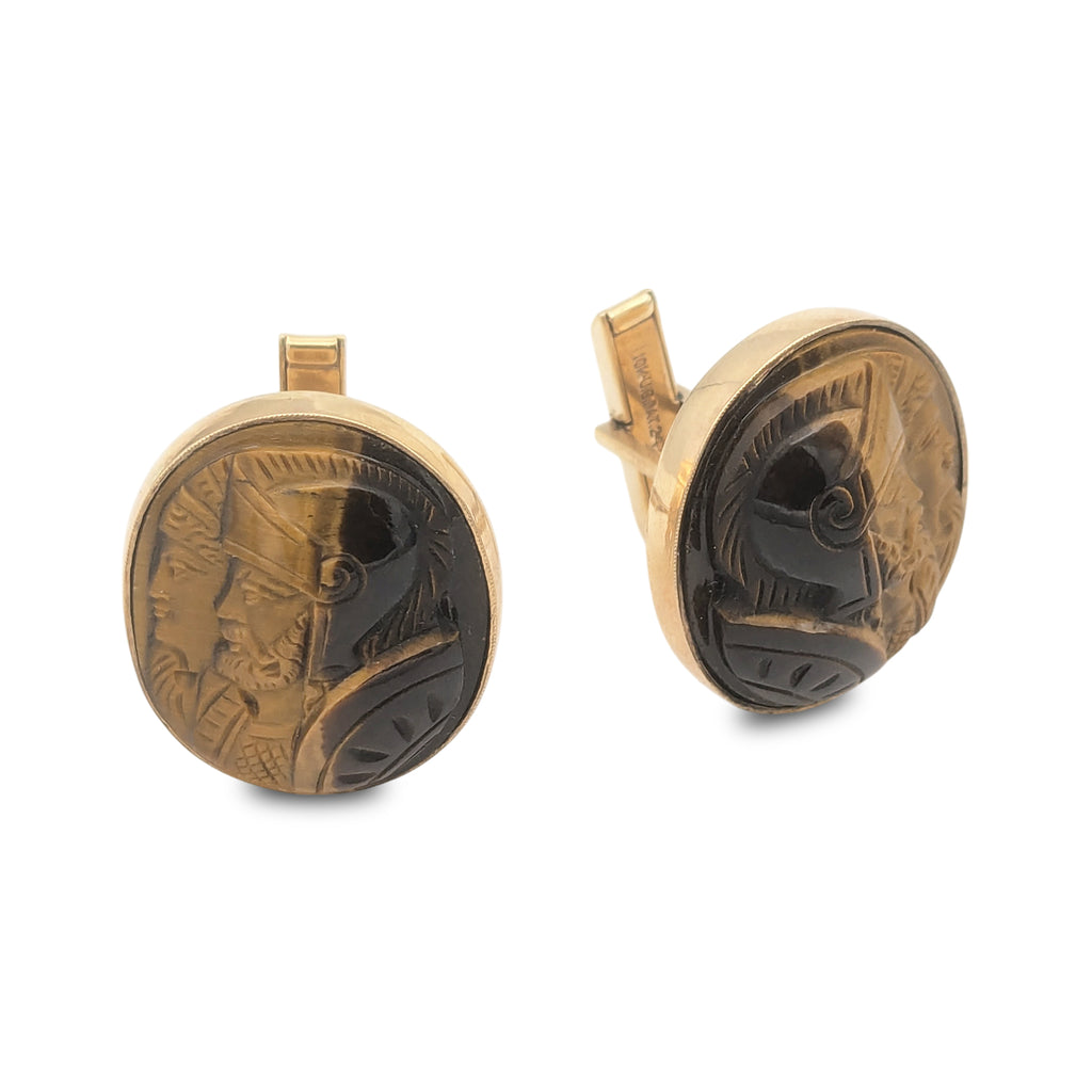 Vintage 10 Karat Gold Tigers Eye Soldier Cufflinks