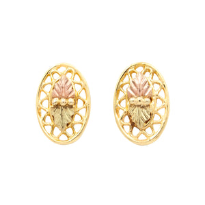 12 Karat Black Hills Gold Stud Earrings with Double Leaf Tri-color Gold Pattern Earring.