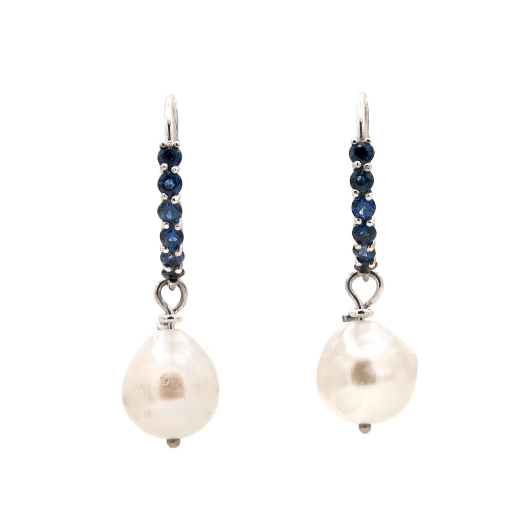 14 Karat White Gold Natural Blue Sapphire Leverback Earrings with Akoya Pearl Drops Earring.