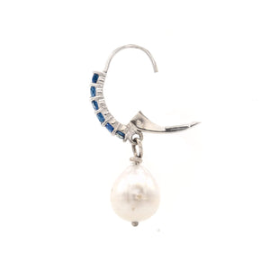 14 Karat White Gold Natural Blue Sapphire Leverback Earrings with Akoya Pearl Drops Earring.