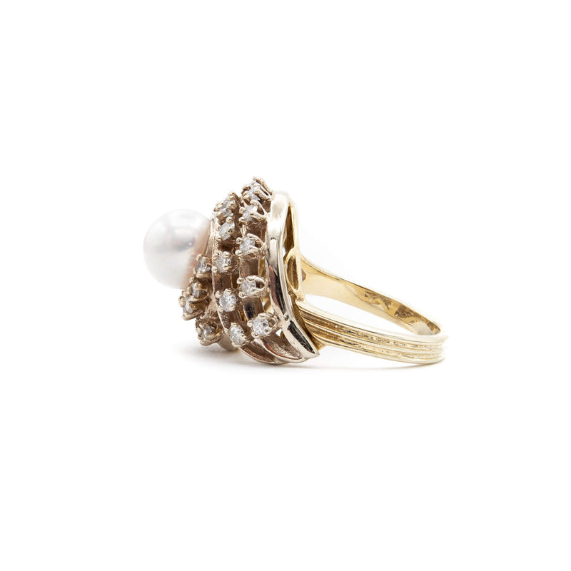 Vintage 14 Karat Akoya Pearl and Diamond Swirl Ring