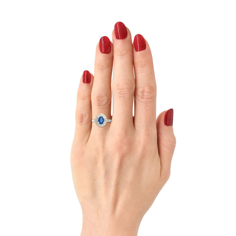 14 Karat Gold Oval Cut Sapphire Double Halo Ring