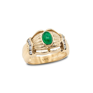 14 Karat Gold Cabochon Emerald and Diamond Ring