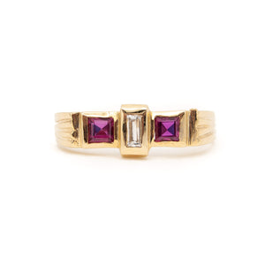 14 Karat Yellow Gold Art Deco Inspired Diamond and Ruby Ring
