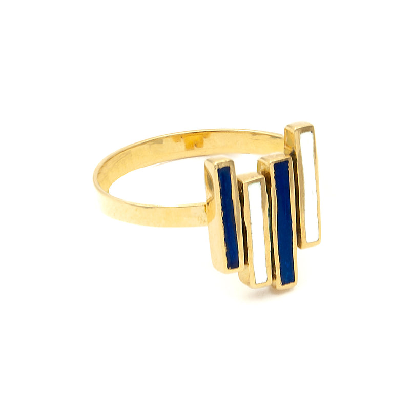 Vintage 14 Karat Yellow Gold Blue White Enamel French Midcentury Modern Ring