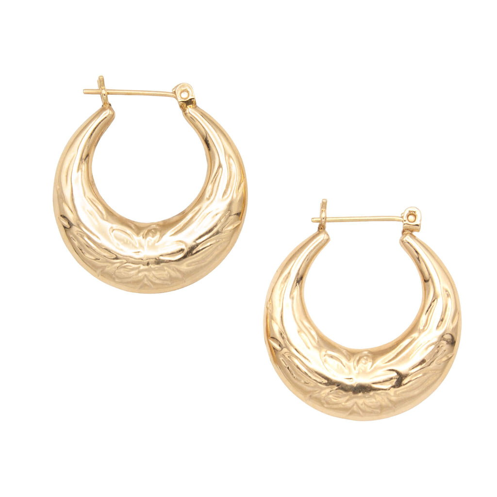 14 Karat Yellow Gold Hoop Earrings Engraved with Floral Pattern