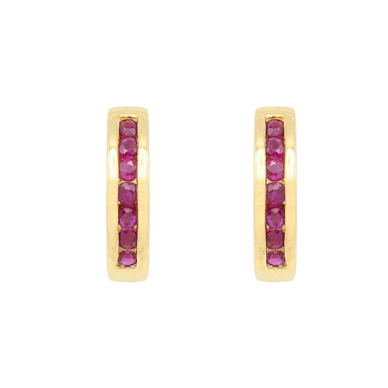 14 Karat Yellow Gold Ruby Small Hoop Earrings