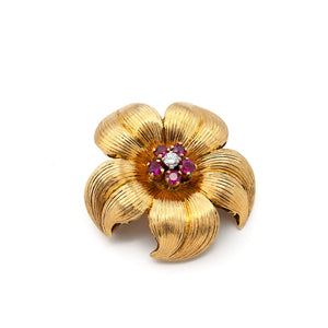 18 Karat Yellow Gold Tiffany Diamond and Ruby Flower Pin