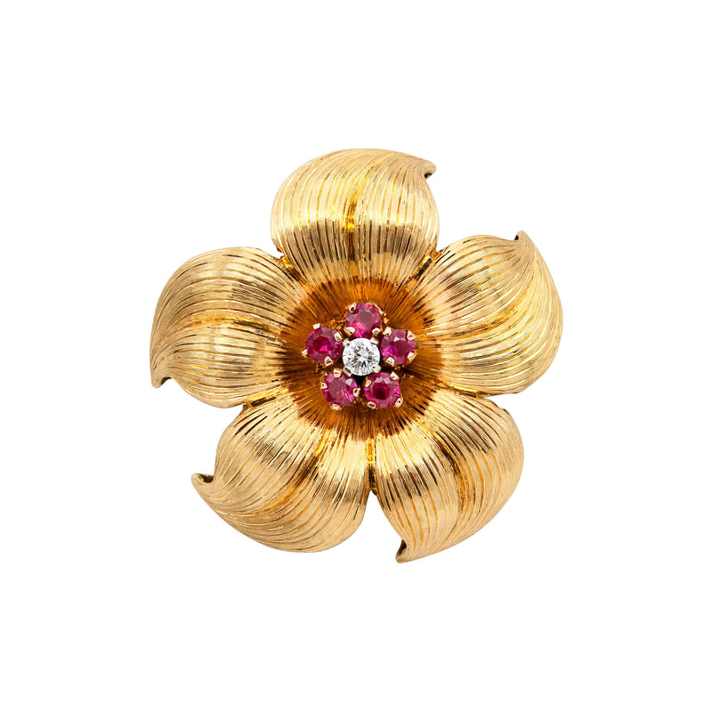 18 Karat Yellow Gold Tiffany Diamond and Ruby Flower Pin