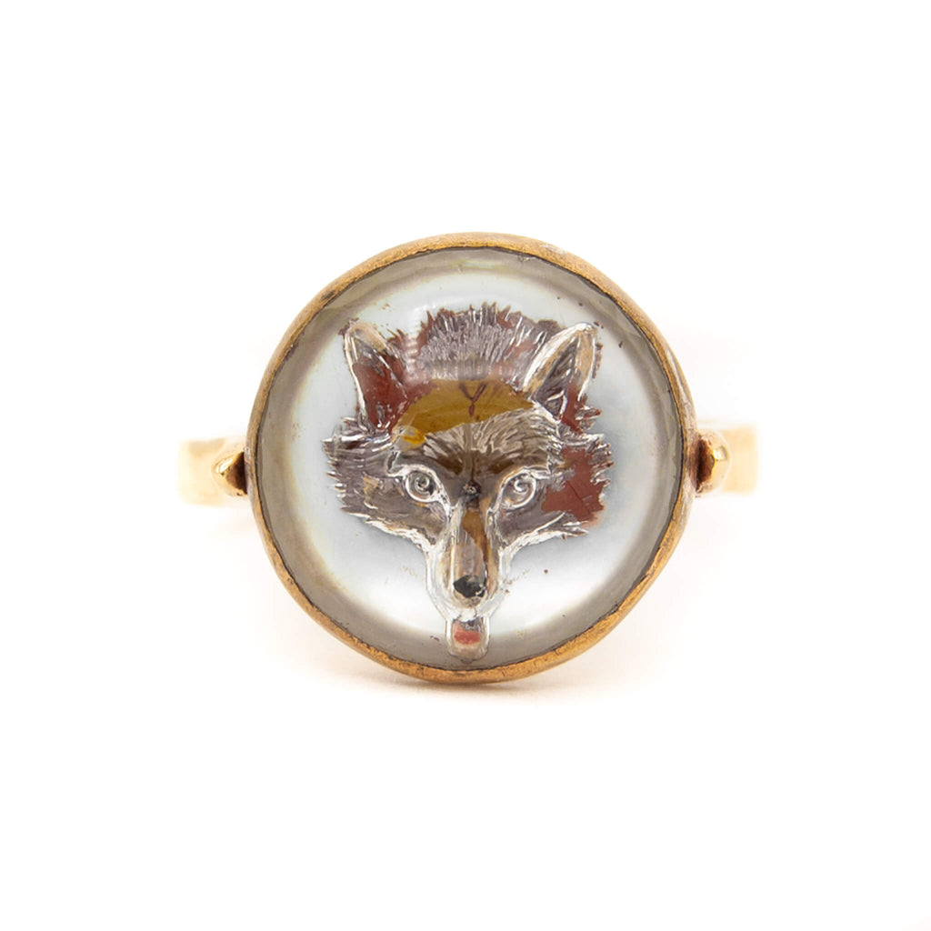 Antique 14 Karat Yellow Gold English Rock Crystal Ring with Fox Head Motif