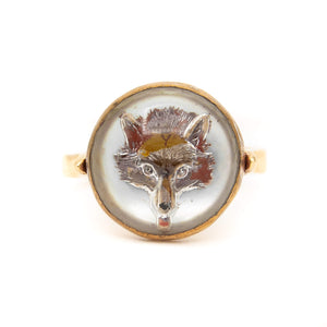 Antique 14 Karat Yellow Gold English Rock Crystal Ring with Fox Head Motif