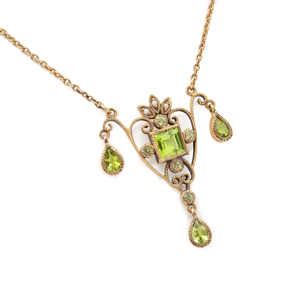 Antique 14 Karat Pink Gold Peridot and Seed Pearl Necklace