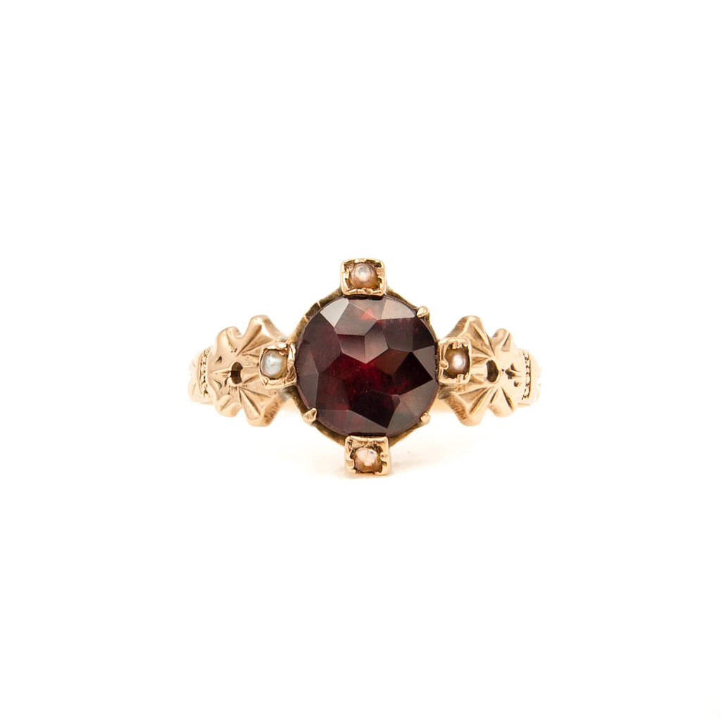 Antique Victorian 14 Karat Gold Garnet and Seed Pearl Ring