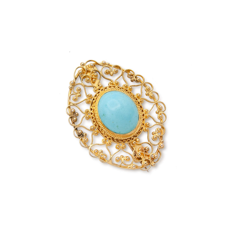 Antique Yellow Gold Filigree Persian Turquoise Pin Pendant