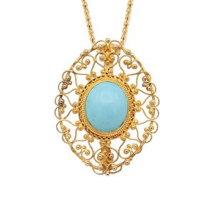 Antique Yellow Gold Filigree Persian Turquoise Pin Pendant