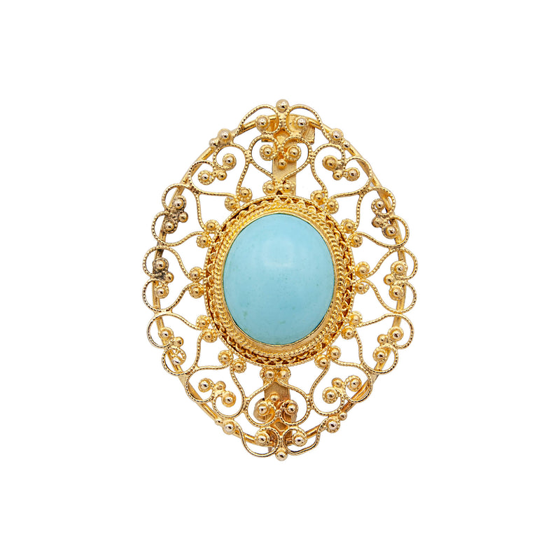 Antique Yellow Gold Filigree Persian Turquoise Pin Pendant
