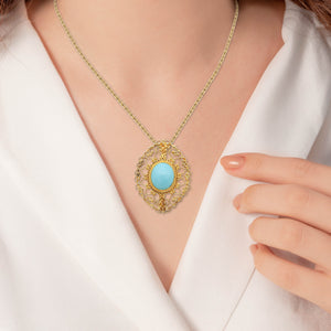 Antique Yellow Gold Filigree Persian Turquoise Pin Pendant