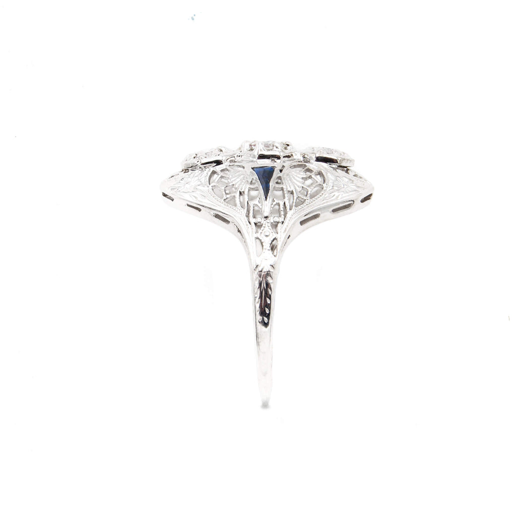 Art Deco 14 Karat White Gold Diamond and French Cut Sapphire Ring