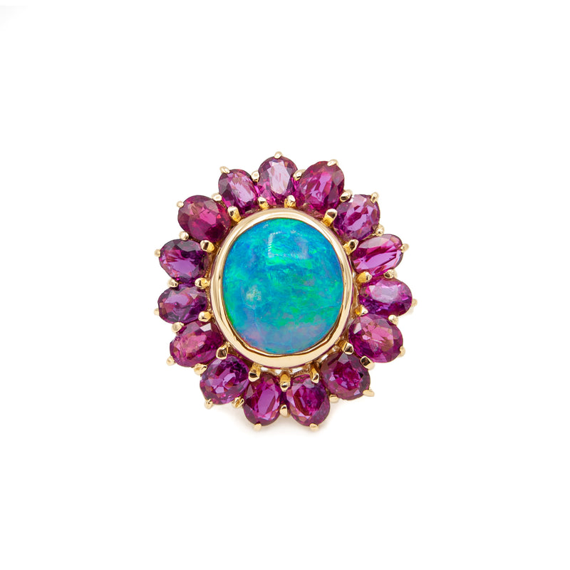 Australian Black Opal and Ruby Halo Ring