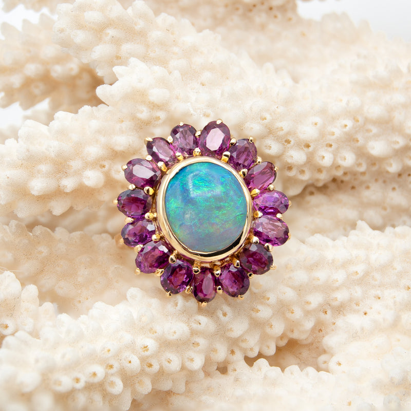 Australian Black Opal and Ruby Halo Ring