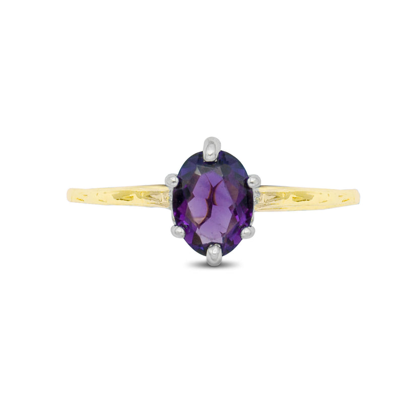 Engraved Vintage Victorian 14 Yellow and White Gold Ring with Prong Set Amethyst