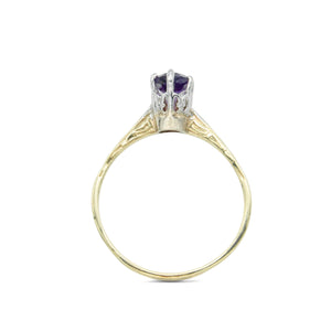 Engraved Vintage Victorian 14 Yellow and White Gold Ring with Prong Set Amethyst