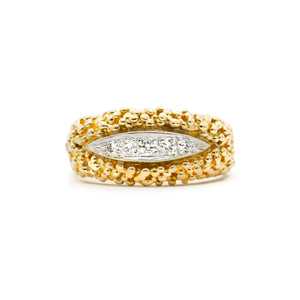 14 Karat Yellow Gold Granulated Band Ring with White Gold Center Set with Five Brilliant Cut Diamonds