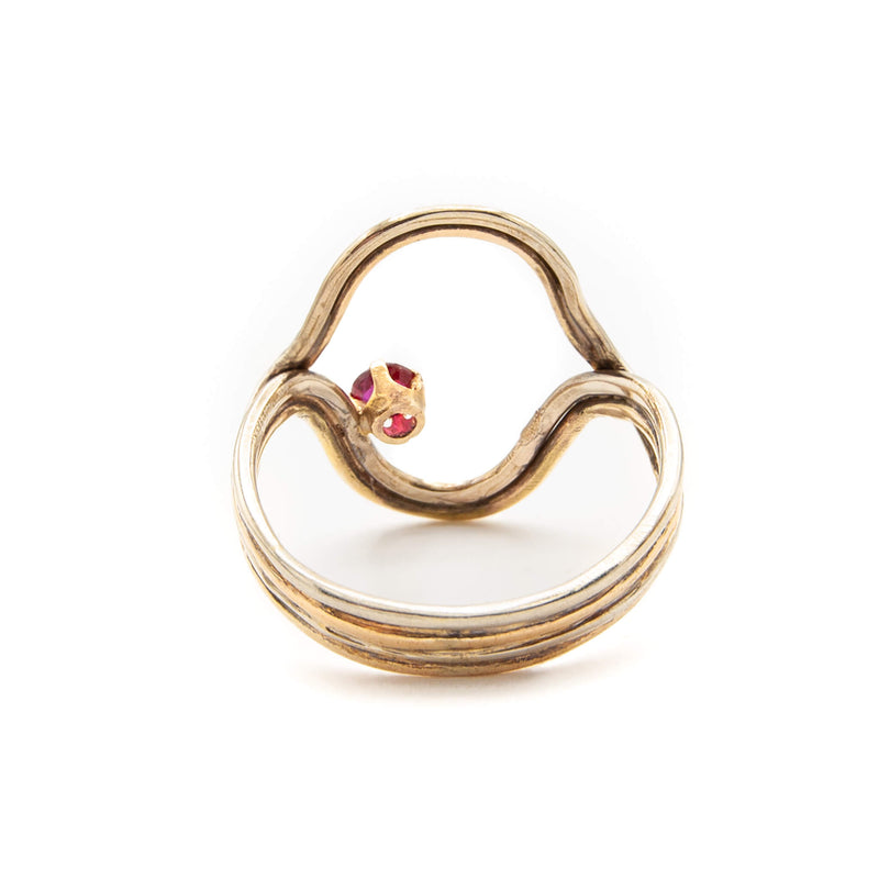 Hand Constructed 14 Karat Yellow and White Gold Ruby Ring