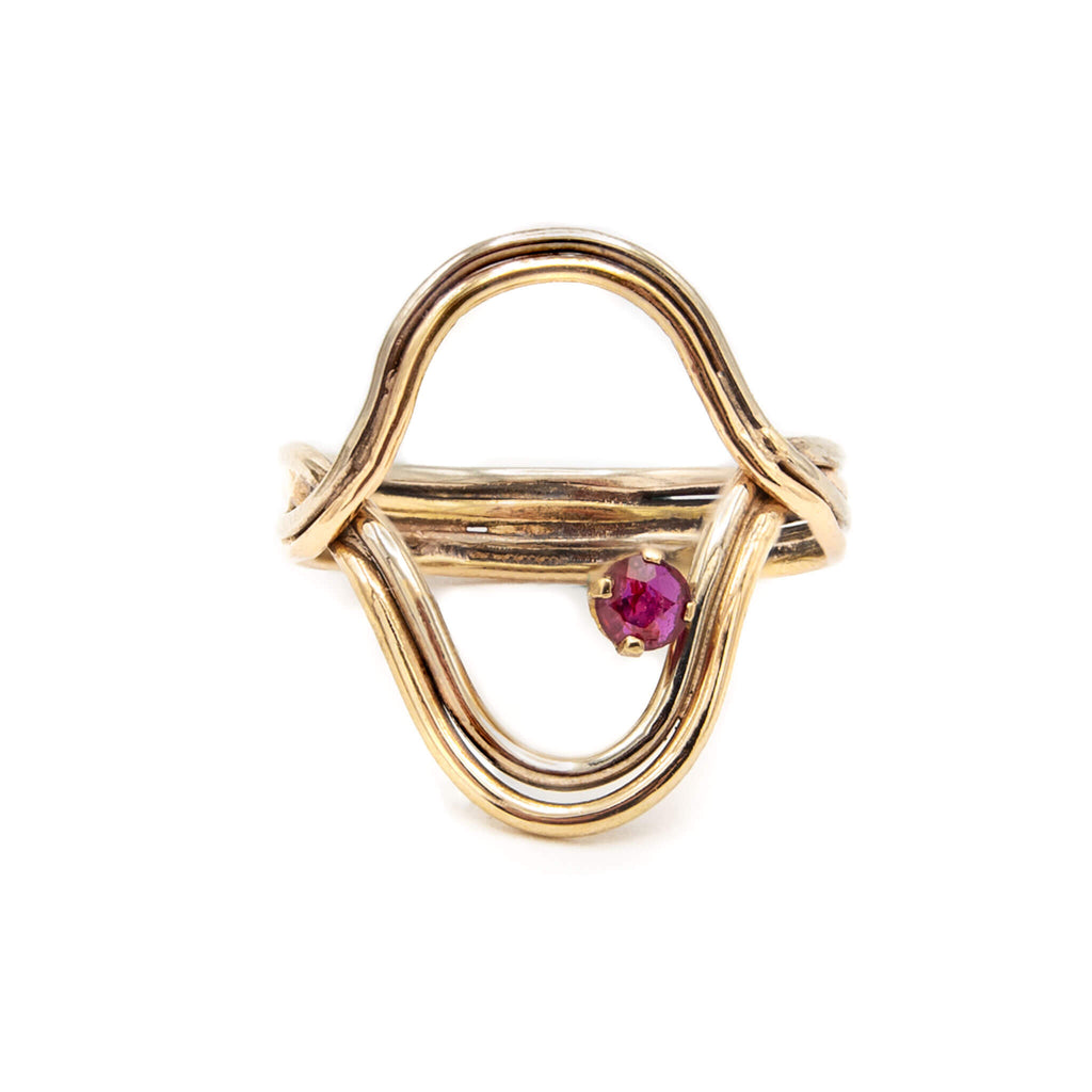 Hand Constructed 14 Karat Yellow and White Gold Ruby Ring