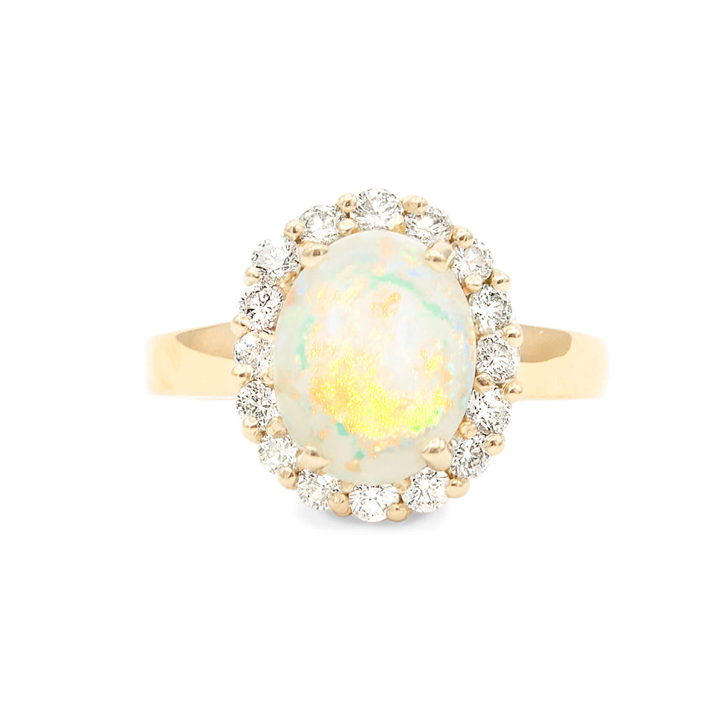 Natural Australian Opal Set in Handmade 14 Karat Yellow Gold with Halo of Finest Brilliant Cut Diamonds