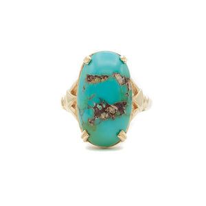 Handmade 14 Karat Yellow Gold Ring set with Fine Natural Oval Persian Turquoise